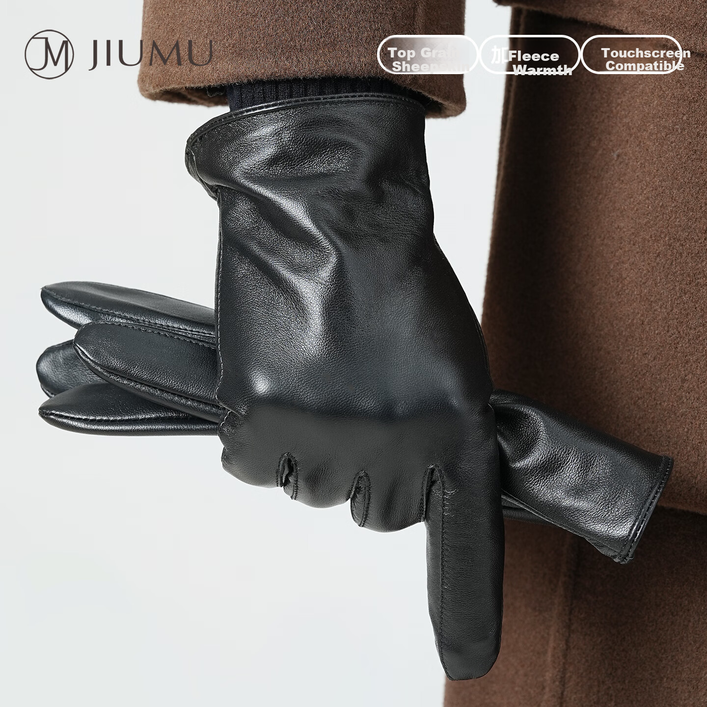 JIUMU Sheepskin Warm Genuine Leather Gloves for Men, Winter Fleece-Lined Windproof Cold-Resistant Touchscreen Compatible Gloves