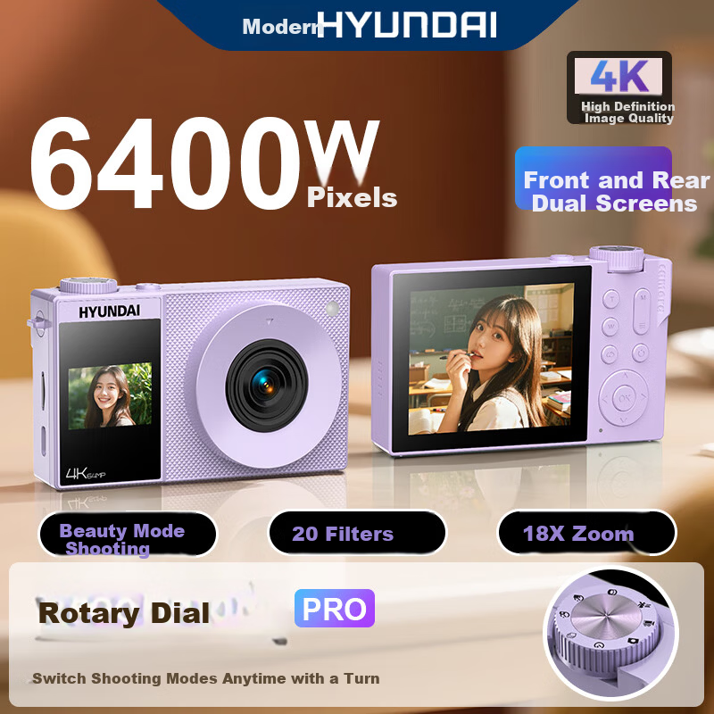 HYUNDAI CCD Digital Camera Vlog Photography Travel Camera Student Entry-Level Dual Screen Selfie Seafoam Purple 32GB