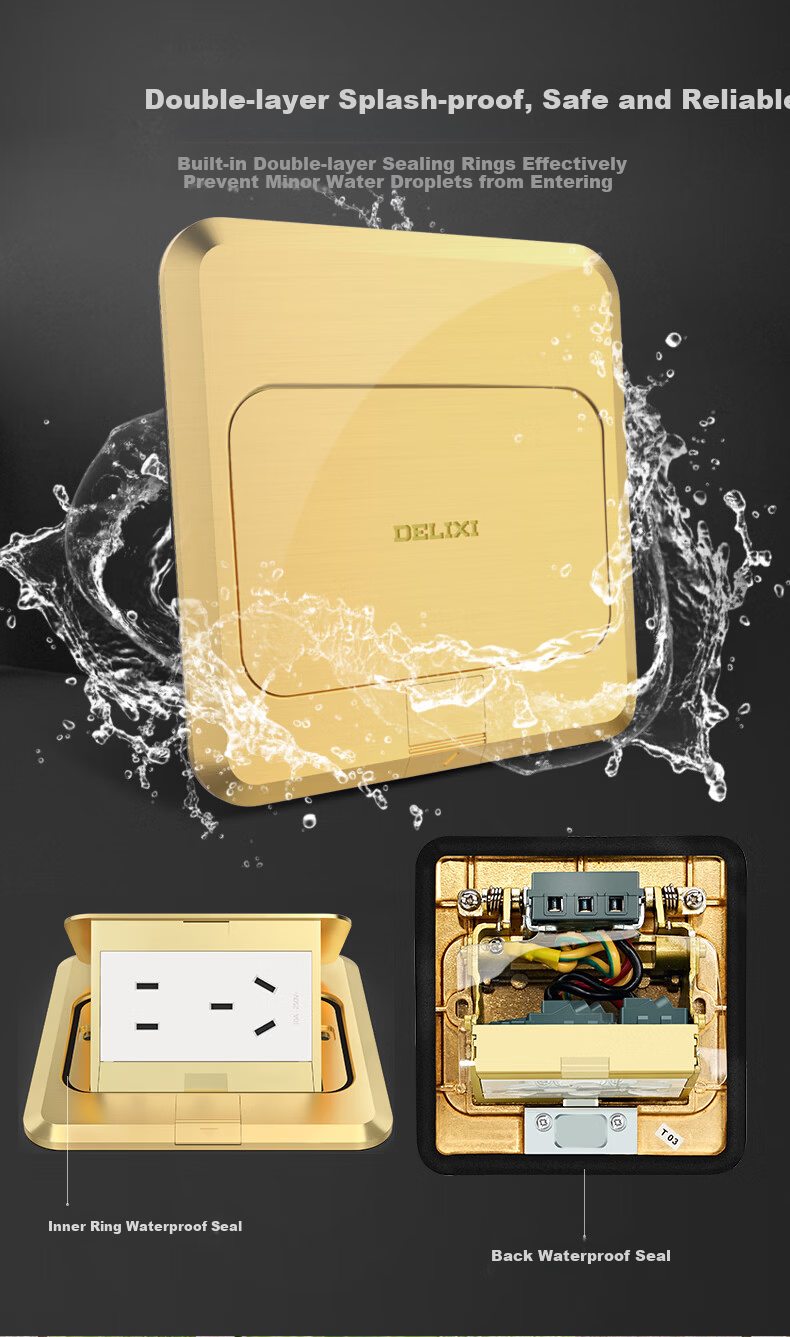 DELIXI Silver Five-Hole Copper Ground Floor Socket with Flip Waterproof Cover and Concealed Box DCT-F120/FYZS 9