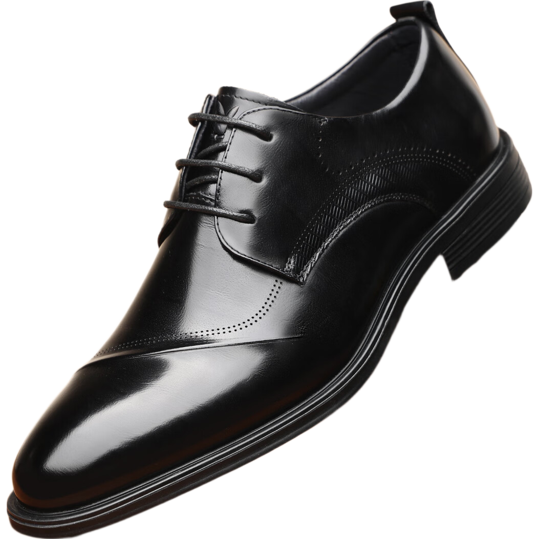 PLAYBOY Men's Leather Shoes, British Trendy Pointed Toe Lace-Up Formal Business Shoes, Groom Wedding Shoes, Black, Size 42