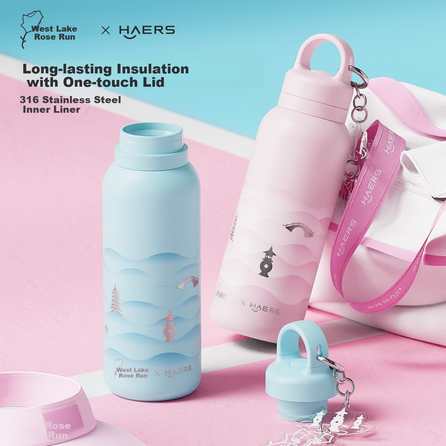Haers West Lake Rose Running Limited Edition Insulated Sports Water Bottle Heyun Pink 500ml