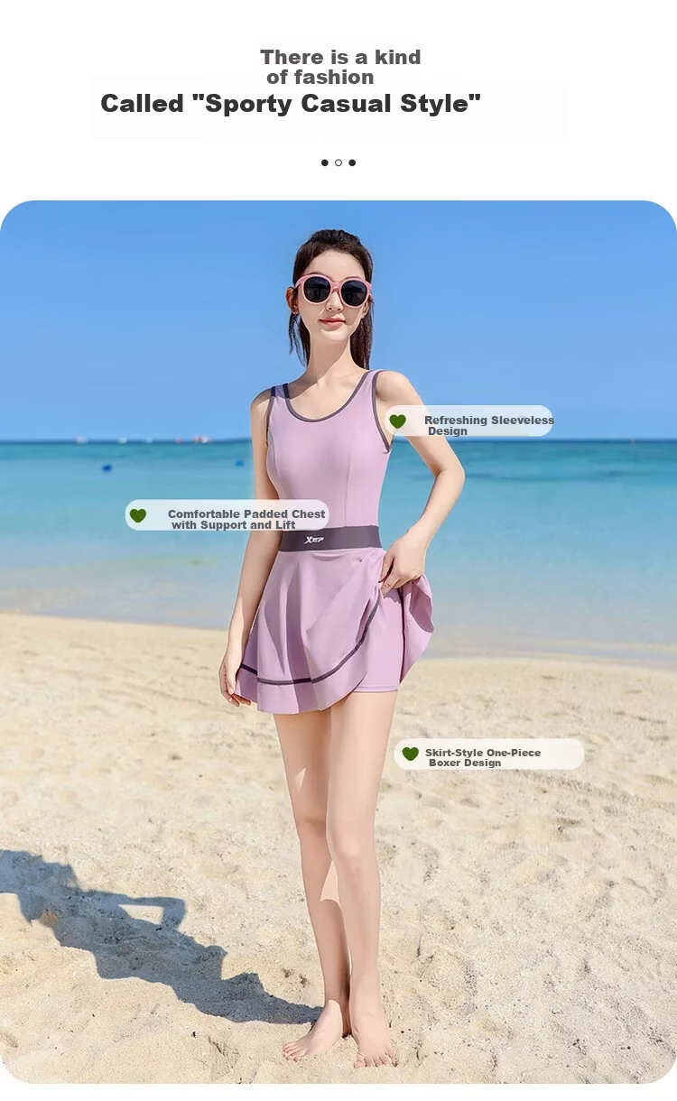 Xtep Women's Sleeveless One-Piece Swim Dress Slimming Tummy Control Conservative Beach Vacation Versatile Swimsuit 3