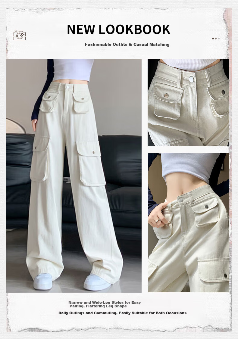 Langsha Women's Workwear Casual Cotton High-Waist Straight-Leg Trendy Pocket Wide-Leg American Style Spring Pants 4