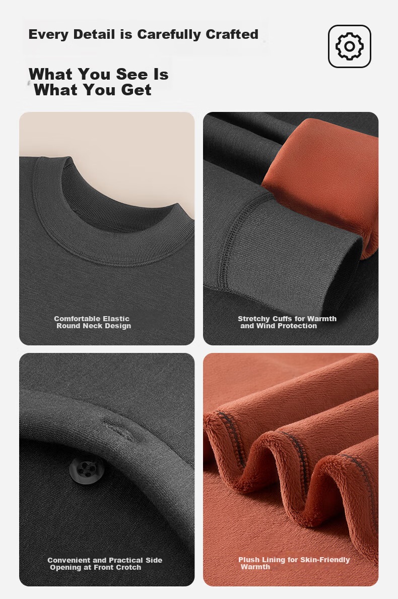 PLAYBOY Thermal Underwear for Men, Fleece-Lined And Thickened, Men's Warm Underwear, Autumn And Winter Top And Bottom, Round Neck 23
