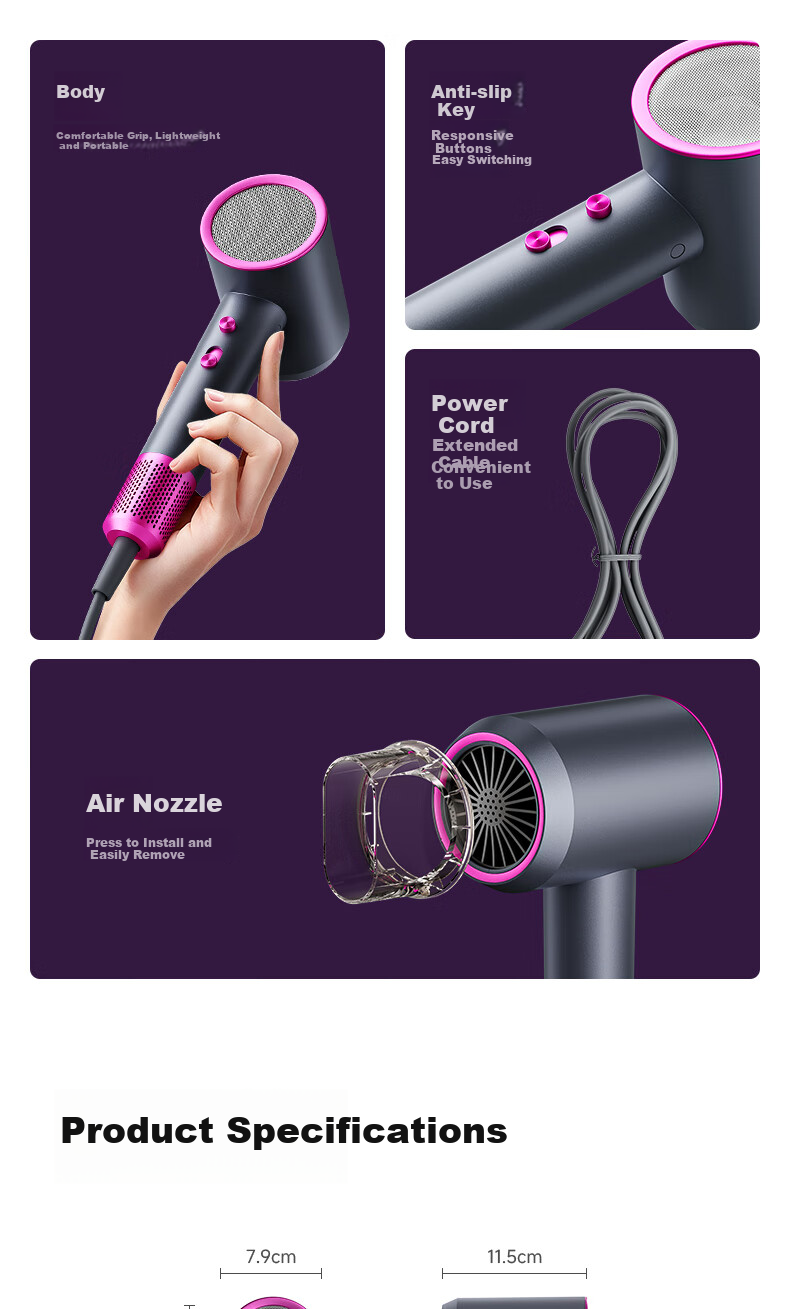 AUX High-Power 2400W Hair Dryer with Negative Ion Technology, High-Speed Strong Wind, Home Use Electric Hair Blower for Men and Women, Gift for Girlfriend 19
