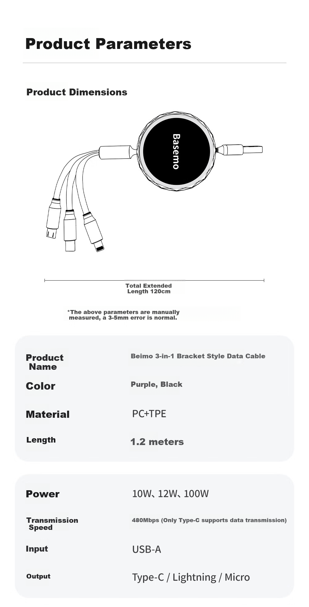 Beimo Three-In Retractable Data Cable, Compatible with Apple Android Type-C, Fast Charging Car Charger for IPhone 18/17 Pro Max, Huawei/Xiaomi Phones, 1.2 Meters Black 9