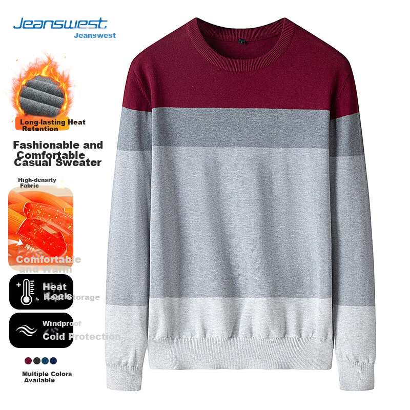Jeanswest Men's Autumn Winter Knitted Pullover Colorblock Thickened Pure Cotton Warm Crew Neck Sweater in Qiji Red