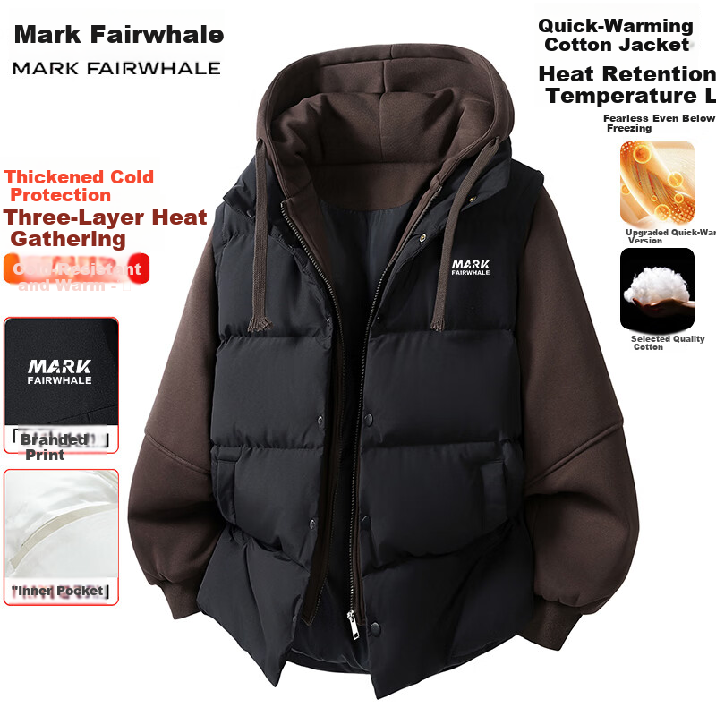 MARK FAIRWHALE Men's Cotton Padded Jacket Autumn Winter Casual Loose Thickened Hooded Outdoor Warm Coat Black with Coffee Insert M