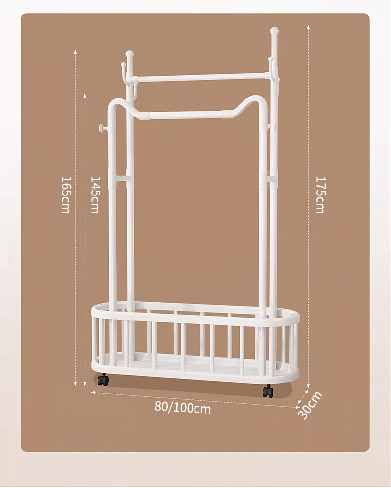 Yaoying Mobile Floor Clothes Rack Bedroom Clothing Storage Rack Drying Rack YJ35 White Double Bar 100cm 19