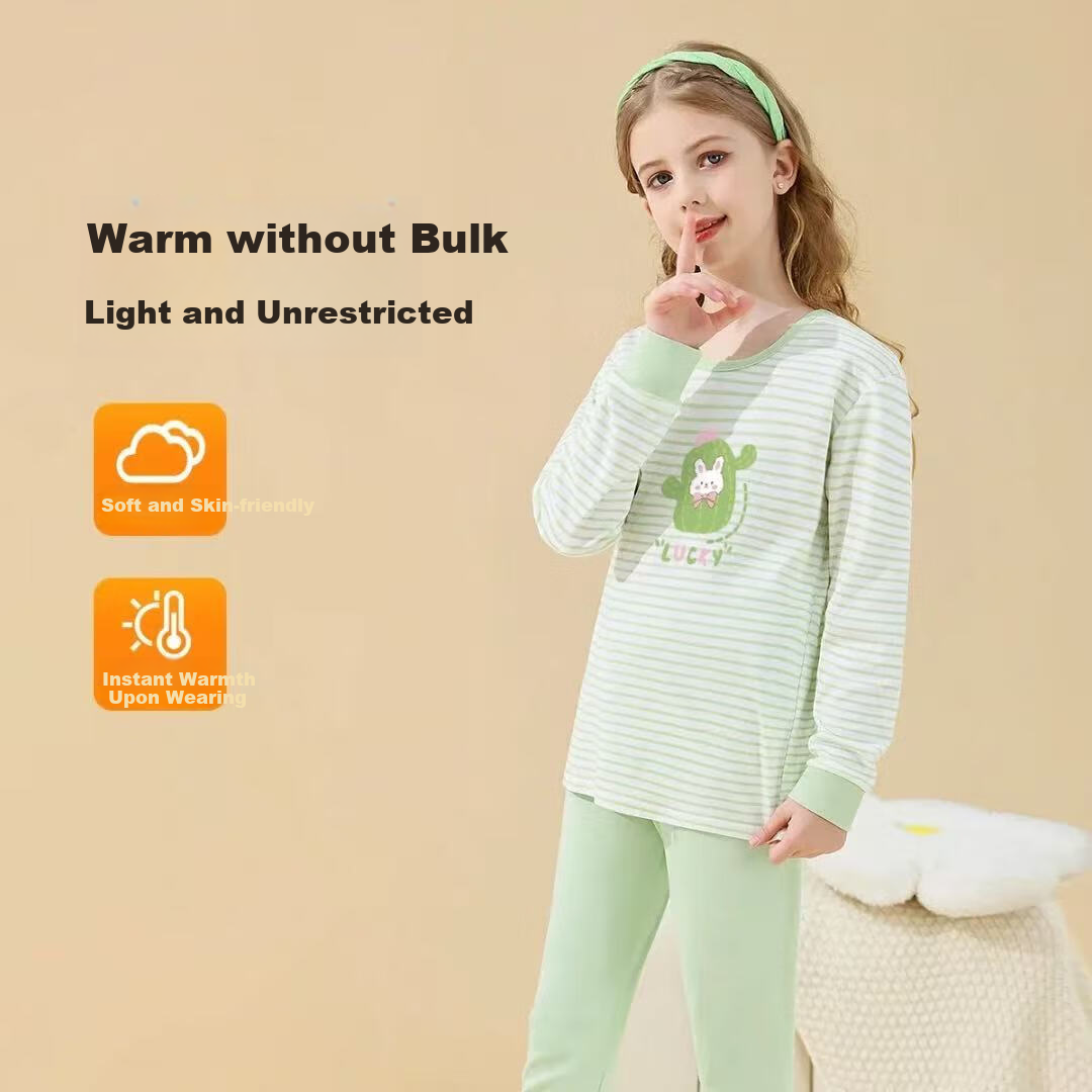 Yiershuang Children's Autumn Cotton Thermal Underwear Set Girls High-Waist Belly Protection Pajamas Sleepwear Top and Bottom