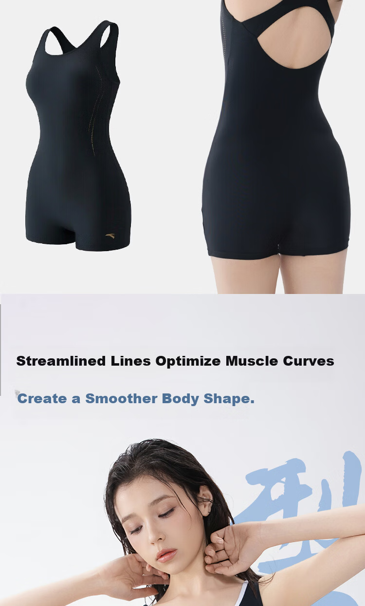 ANTA Women's Slim Waist One-Piece Square-Leg Professional Swimming Suit Plus Size Conservative Racing Training Swimsuit Navy Blue 3XL 3