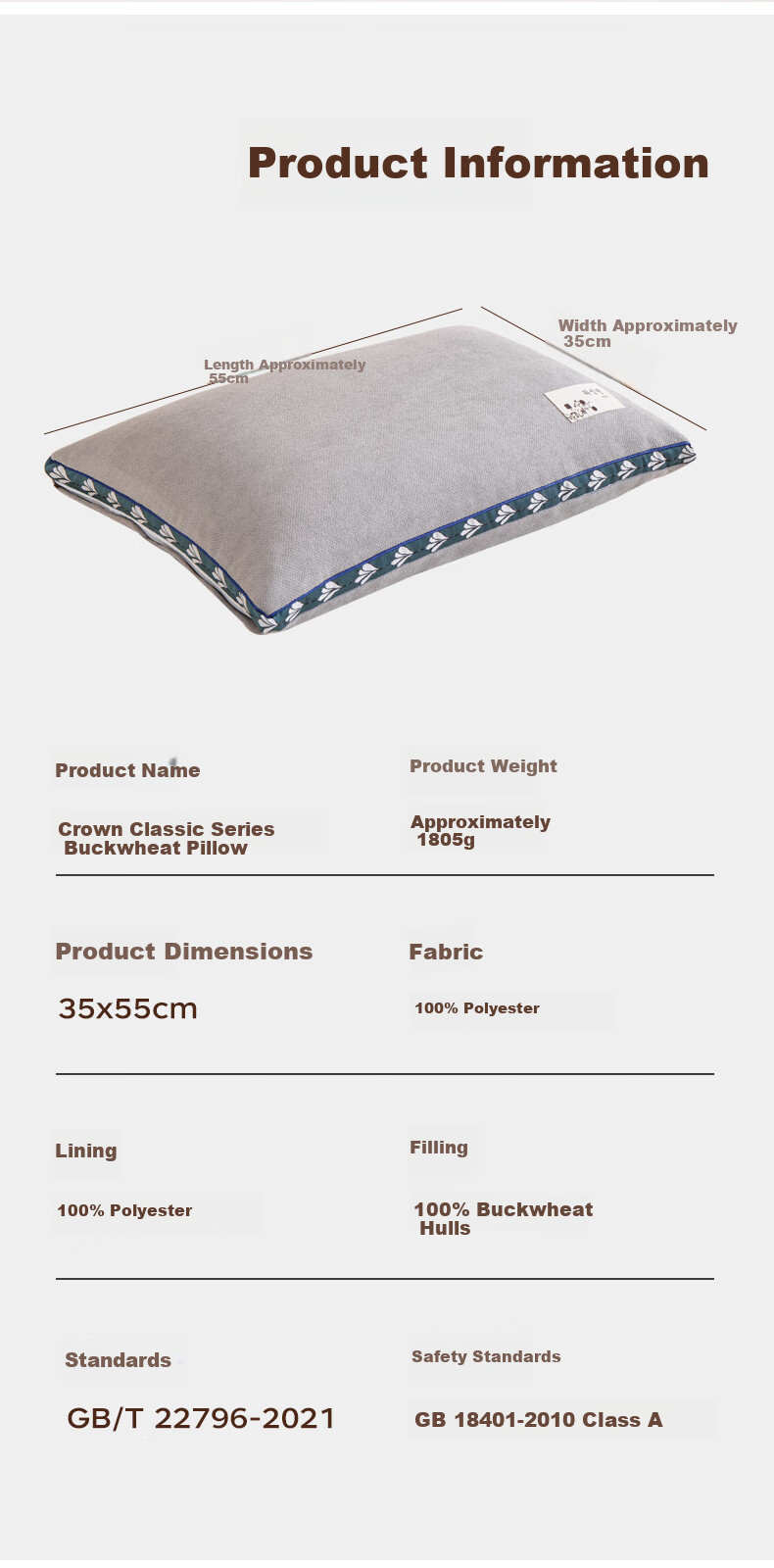 Crown Pure Cotton Buckwheat Pillow Neck Support Pillow Core 100% Buckwheat Hull Pillow Core Pillowcase Pillow Core Set of Two 12
