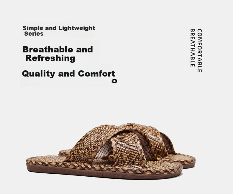 GUOLUOFEI Woven Rattan Summer Indoor Non-Slip Soft Sole Slippers for Men and Women, Diamond Cross Pattern, Size 42-43 2