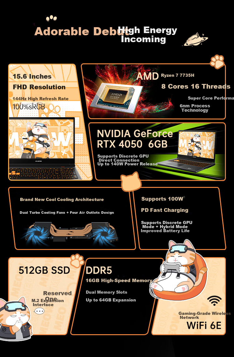 COLORFIRE MEOW Orange Treasure R16 Pro Rainbow Ryzen R7 Gaming Laptop (R7-8745HX 16GB 512GB RTX5060) 1