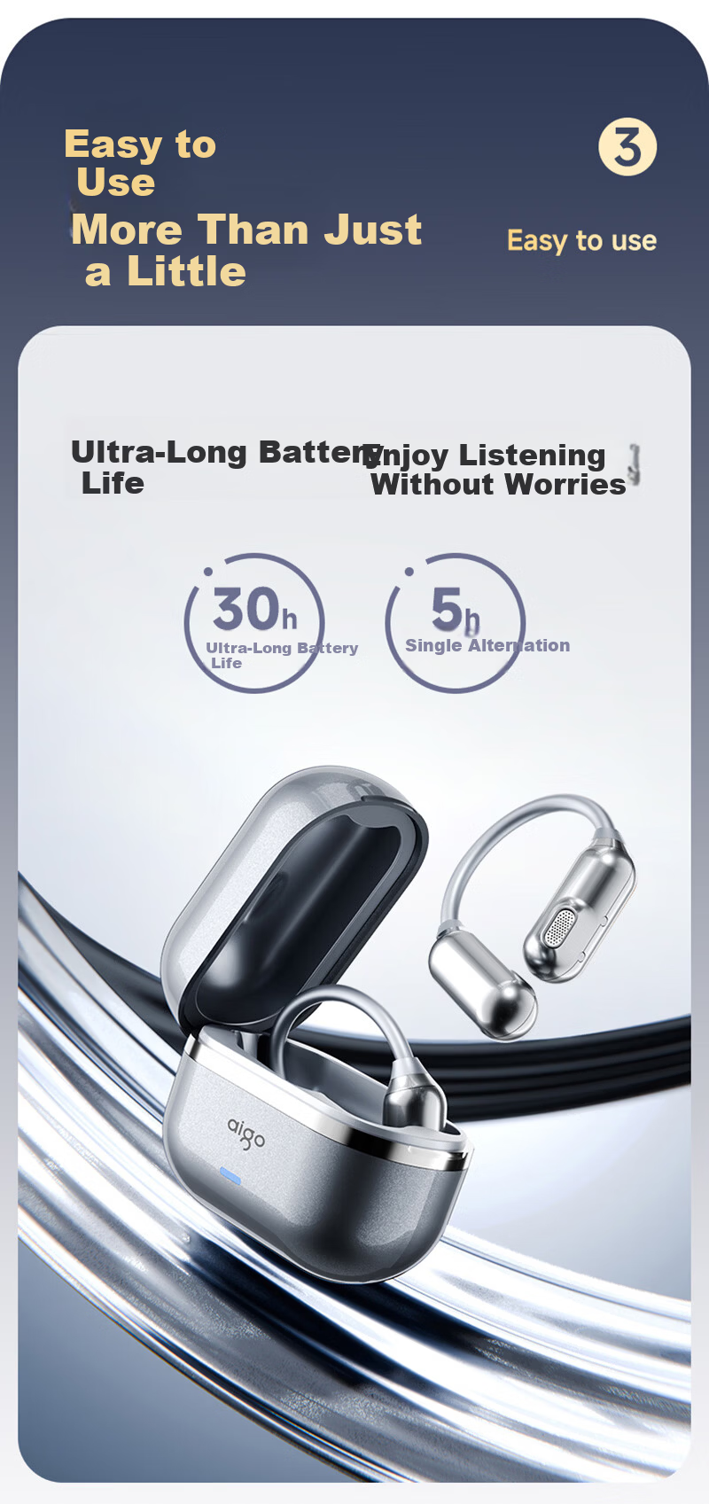 Aigo Bluetooth Earphones Over-Ear Bone Conduction True Wireless Long Battery Life In-Ear Free Running Music Call Noise Cancelling SJ285 Silver White 8