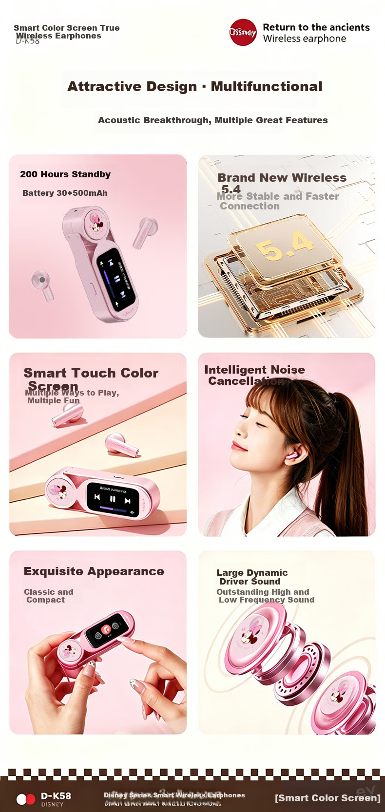 Disney Semi-In-Ear Wireless Bluetooth Earphones with Microphone, Long Battery Life, Multifunction Touch Screen, Digital Display, Alarm Clock, Call, Wallpaper, Gaming, Photography, Student Boys Birthda 2