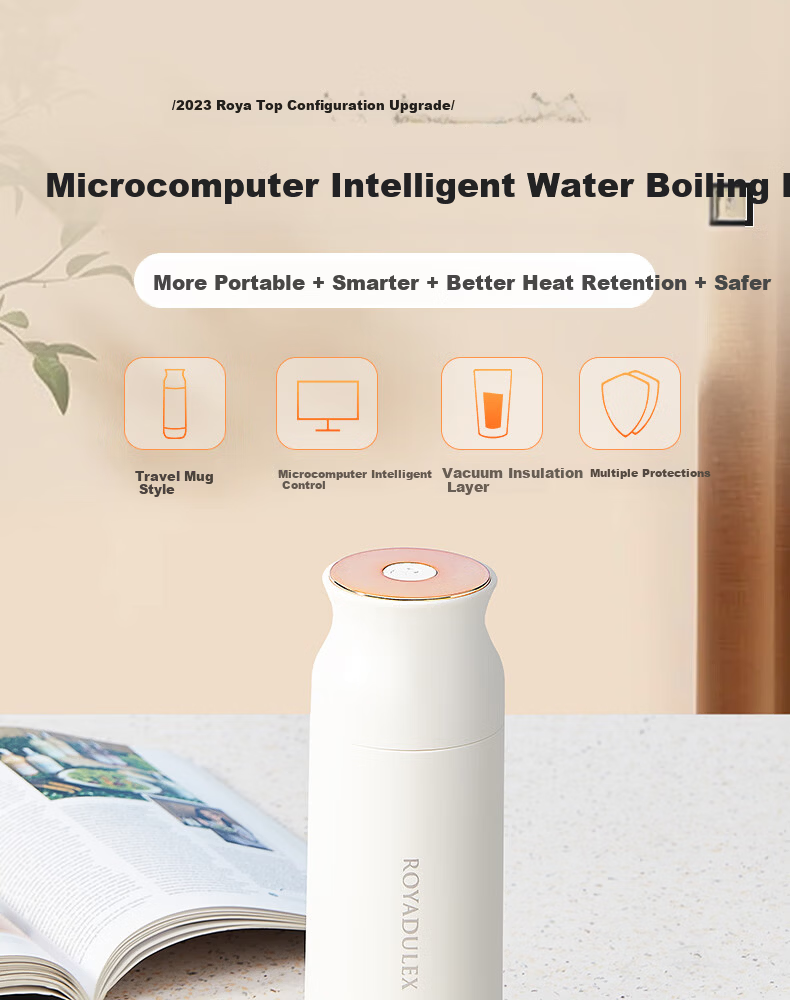 ROYALTY LINE Portable Electric Water Heater Cup Small Electric Kettle Travel Electric Cup Smart Thermostat 304 Stainless Steel Kettle 0.45L 5