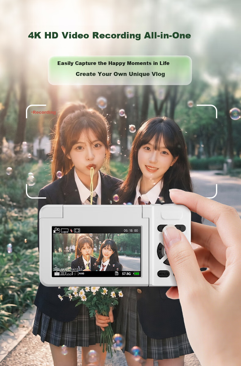 FAMUE HD CCD Digital Camera Student Retro Beauty Card Camera Girls Flip Screen Selfie Campus Travel Vlog Entry-Level Camera Birthday Gift 64G White 9
