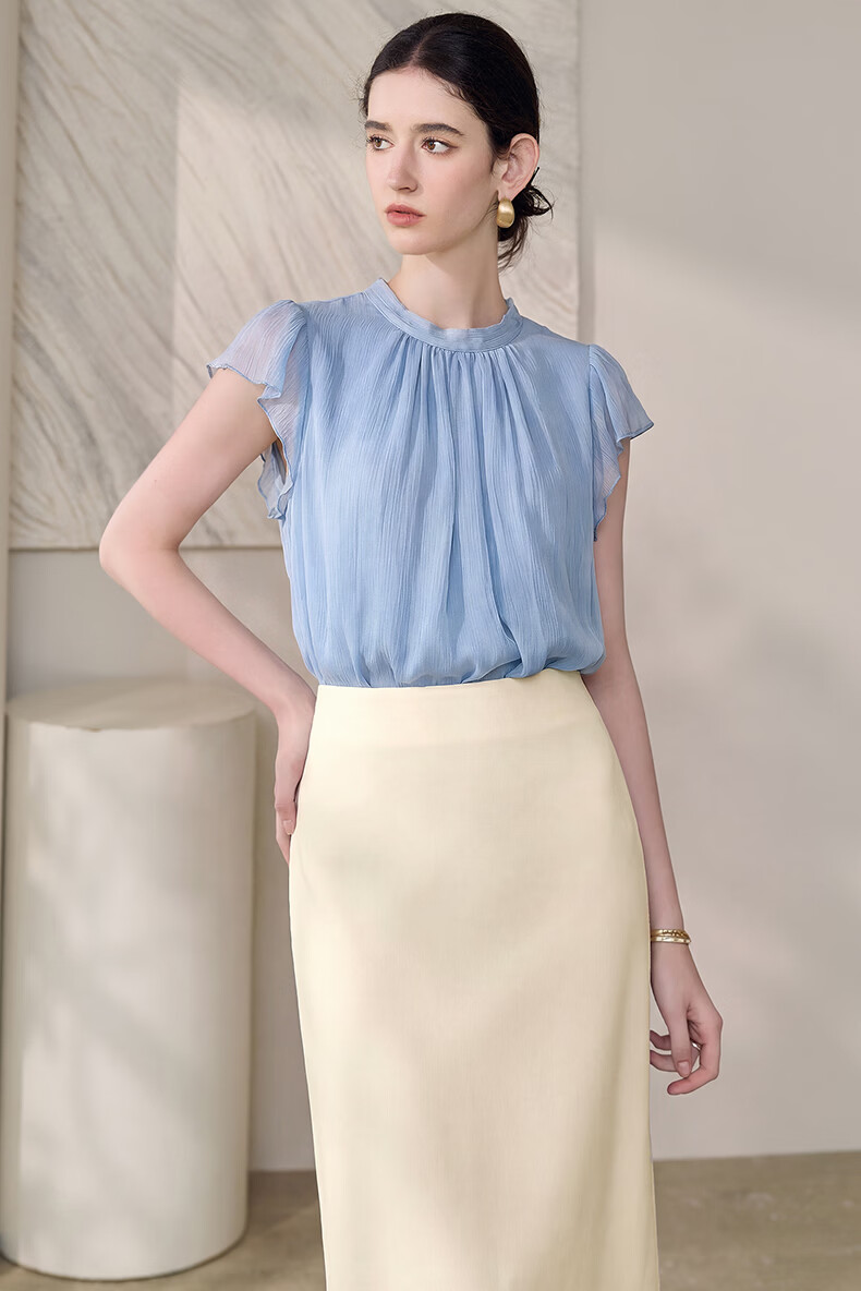 ROEYSHOUSE Elegant Workplace Flutter Sleeve Chiffon Blouse Summer French Pleated Top 13595 Light Blue S 2