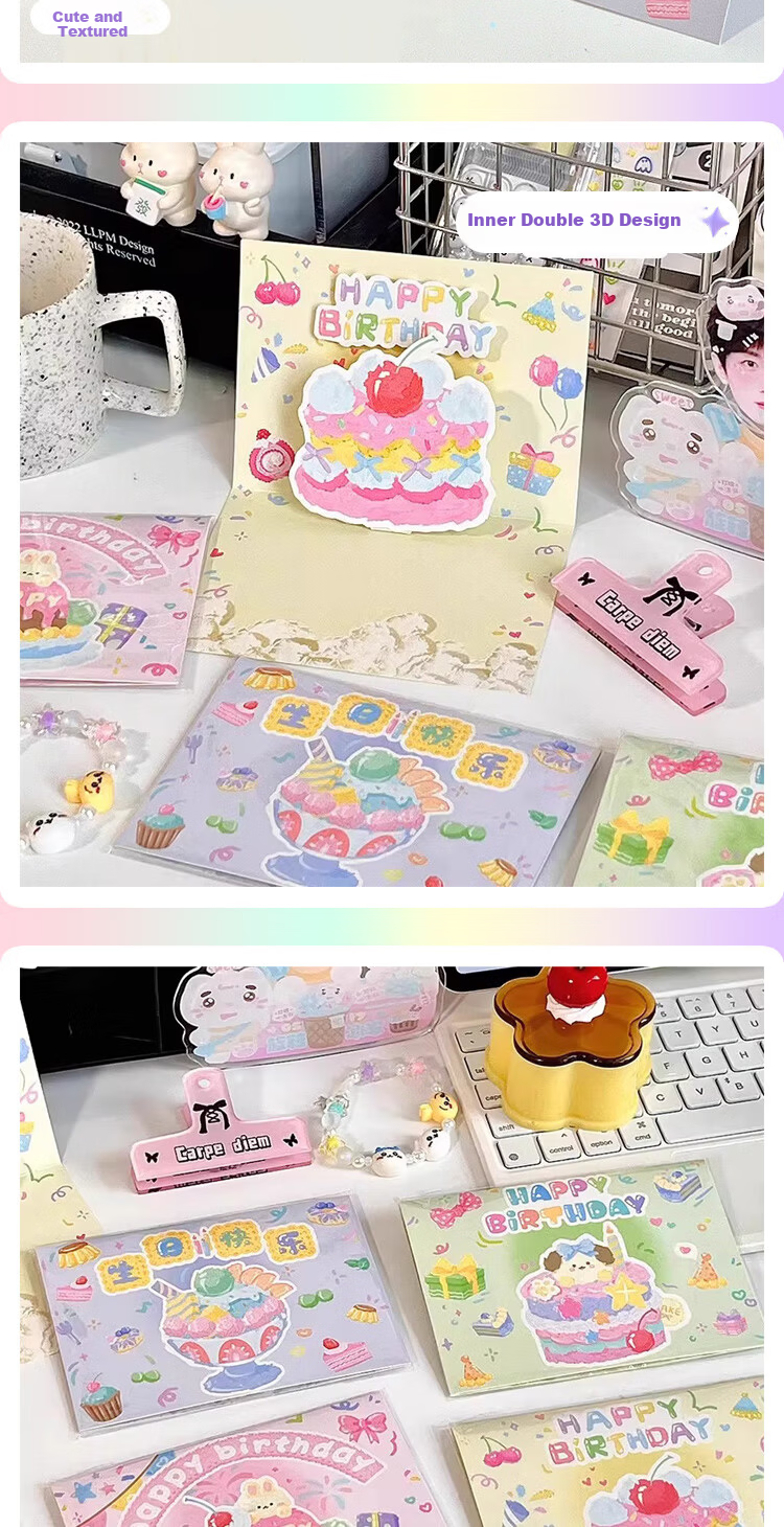 Jufu Ins Cream Cake Birthday Card Set of 4 3D Pop-up Oil Painting Foldable Creative Cake Message Cards for Valentine's Day Mother's Day Graduation Anniversary Handwritten Gift 2