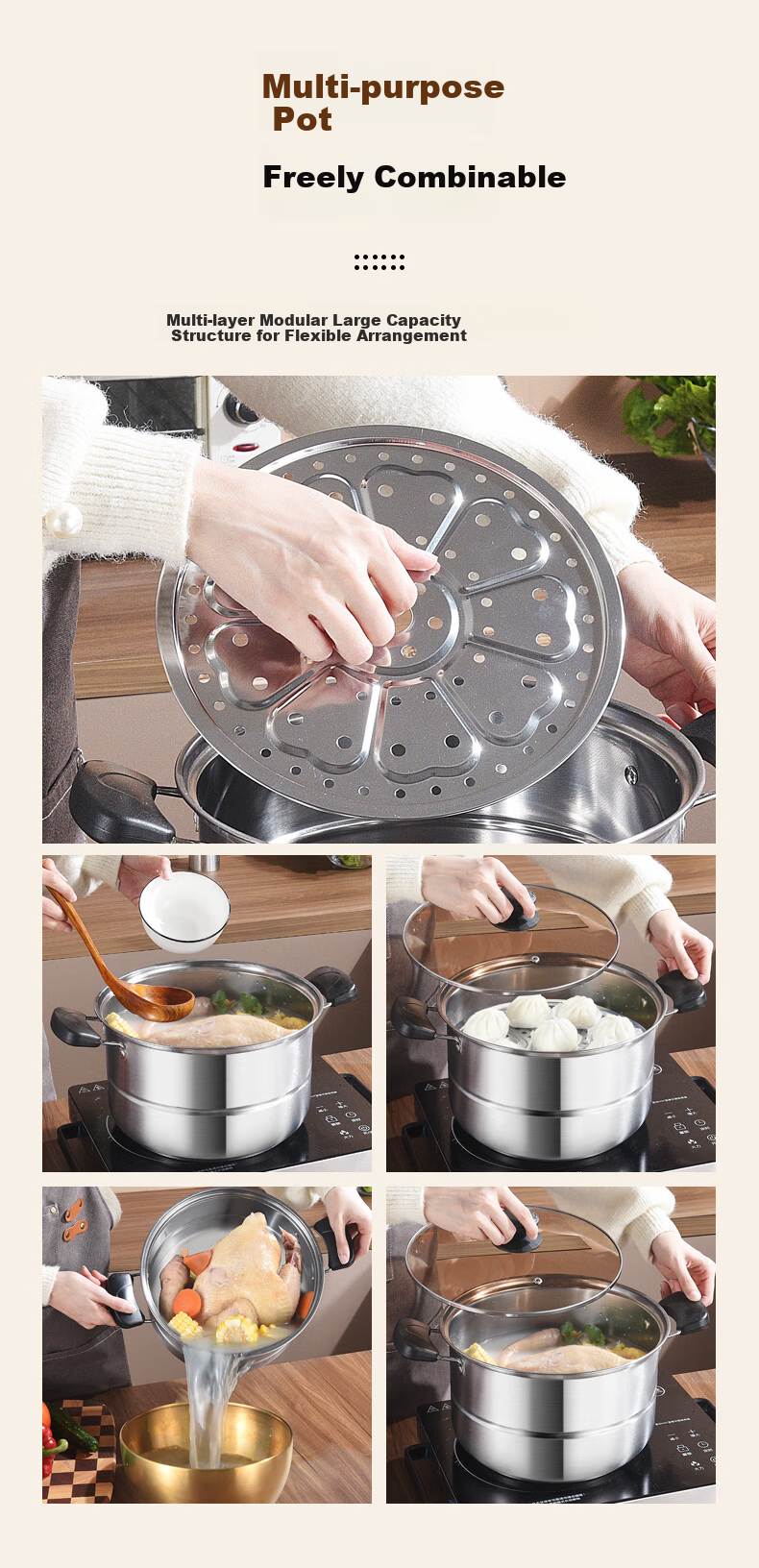 BSITN Stainless Steel Steamer Pot 26cm Single Layer Steamer for Steaming Buns and Cooking Soup Compatible with Gas Stove and Induction Cooker 2410 3