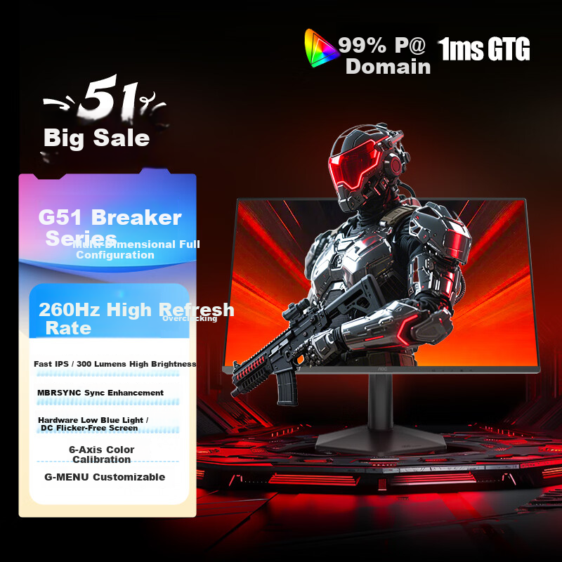 AOC 27-inch 260Hz FastIPS 1ms Factory Calibrated Hardware Low Blue Light Delta Gaming Monitor 27G51Z Series