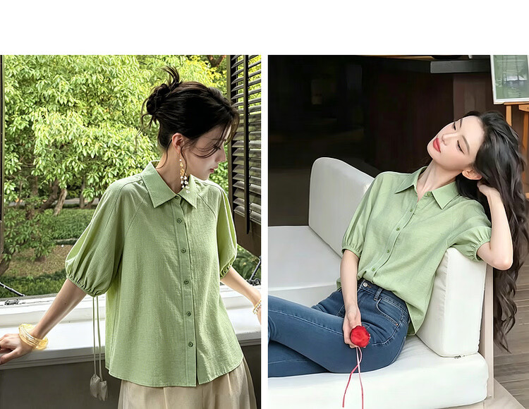 Mt Silky Acetate Fiber Summer Elegant Lapel Shirt with Patchwork and Elastic Lantern Sleeves for Women 7