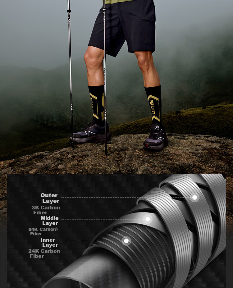 Pelliot [Light Feather] Outdoor Hiking Pole, Carbon Fiber Trail Walking Stick, Foldable Ultra-Light Running Equipment, 165036003M Size 5