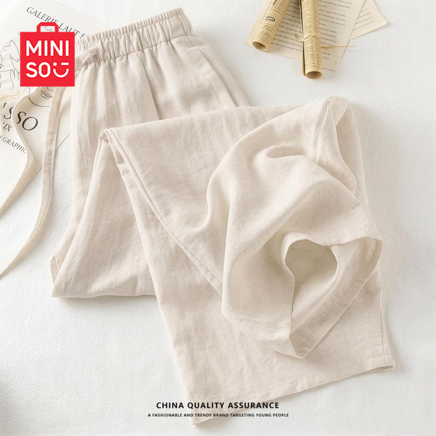 MINISO Women's Linen Shorts Summer 2026 New Popular Five-Point Wide-Leg Pants Skin-Friendly Comfortable Loose Casual Pants
