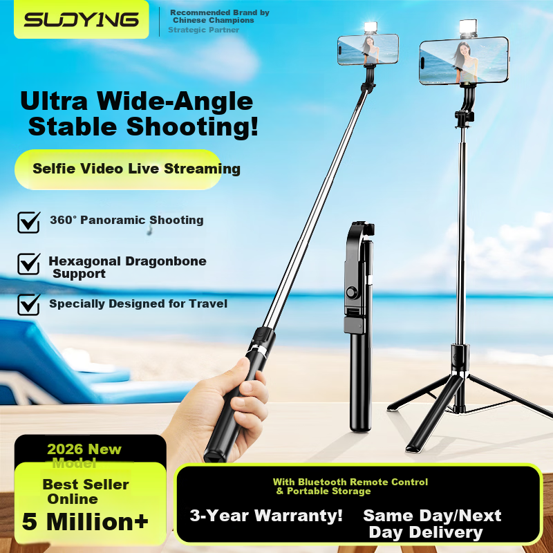 Suoying [Hot Sale 500K+] Selfie Stick Tripod Phone Holder Floor Stand 360° Rotation Anti-Shake 3-Axis Gimbal Portable Travel Live Streaming Desktop Shooting Rod
