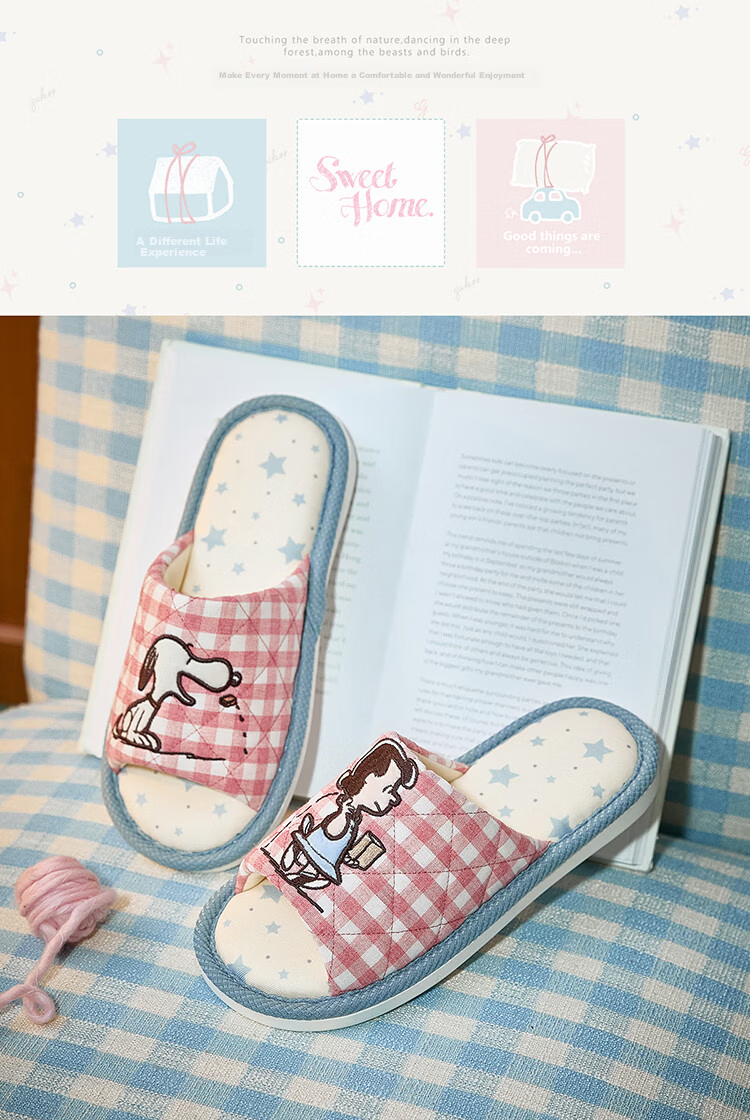 Gukoo Snoopy Plaid Floor Slippers Women's Four-Season Flat Home Slippers Light Burgundy Size 40-41 6