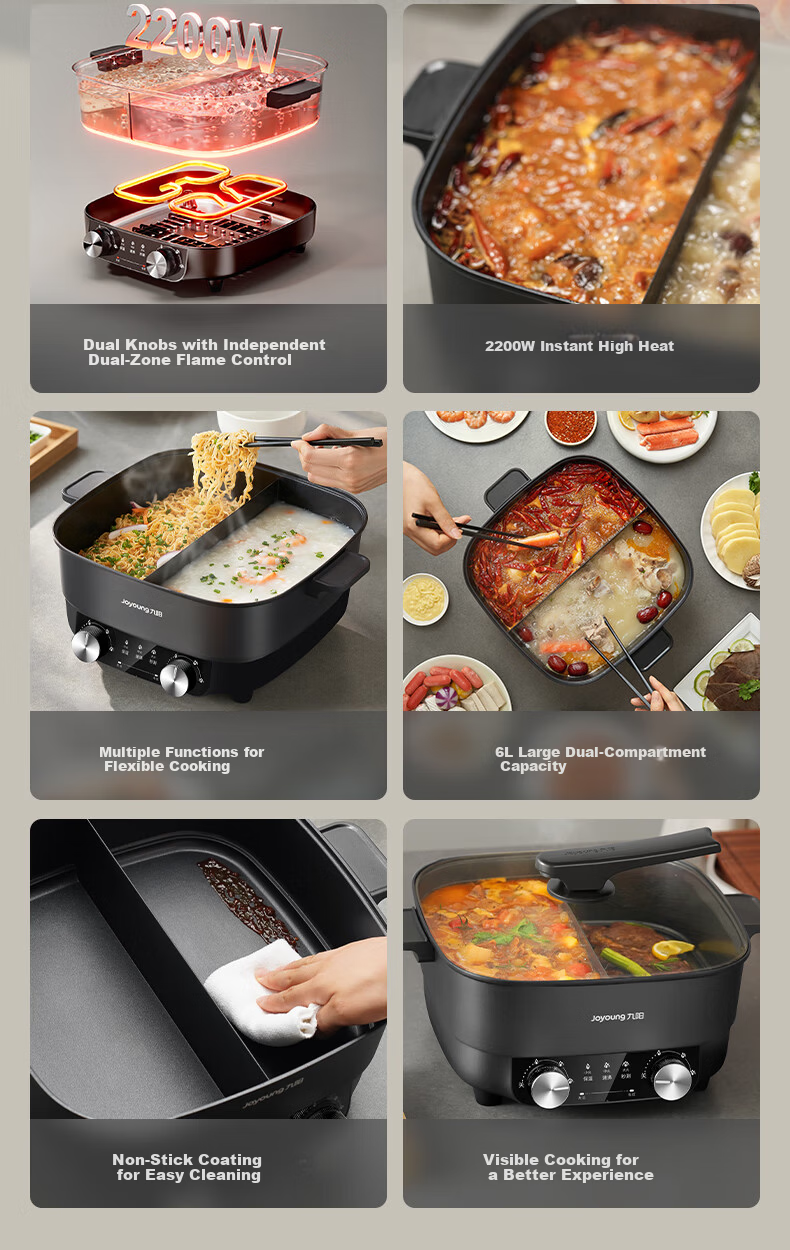 Joyoung Electric Hot Pot Dual-Zone Hot Pot Household 6L Multifunctional Hot Pot Quick Boil 4-Minute Independent Temperature Control Upgraded Model HG60-G118 1