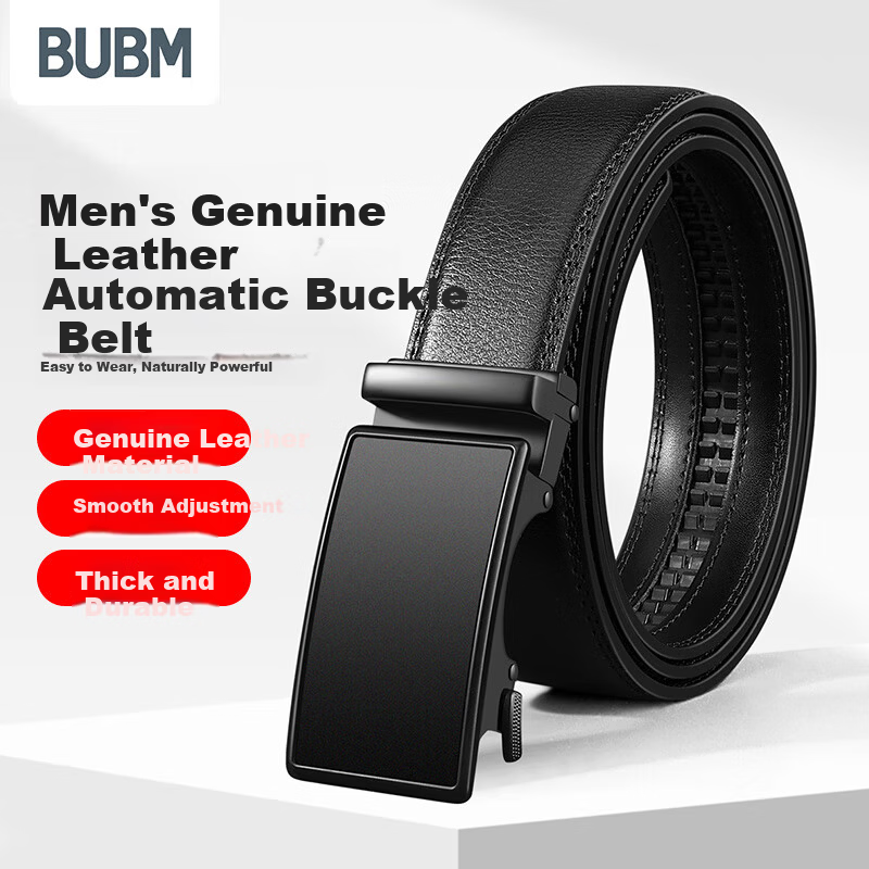 Biyoumei Men's Genuine Leather Automatic Buckle Belt Business Real Leather Belt Practical Gift for Men Black 120cm