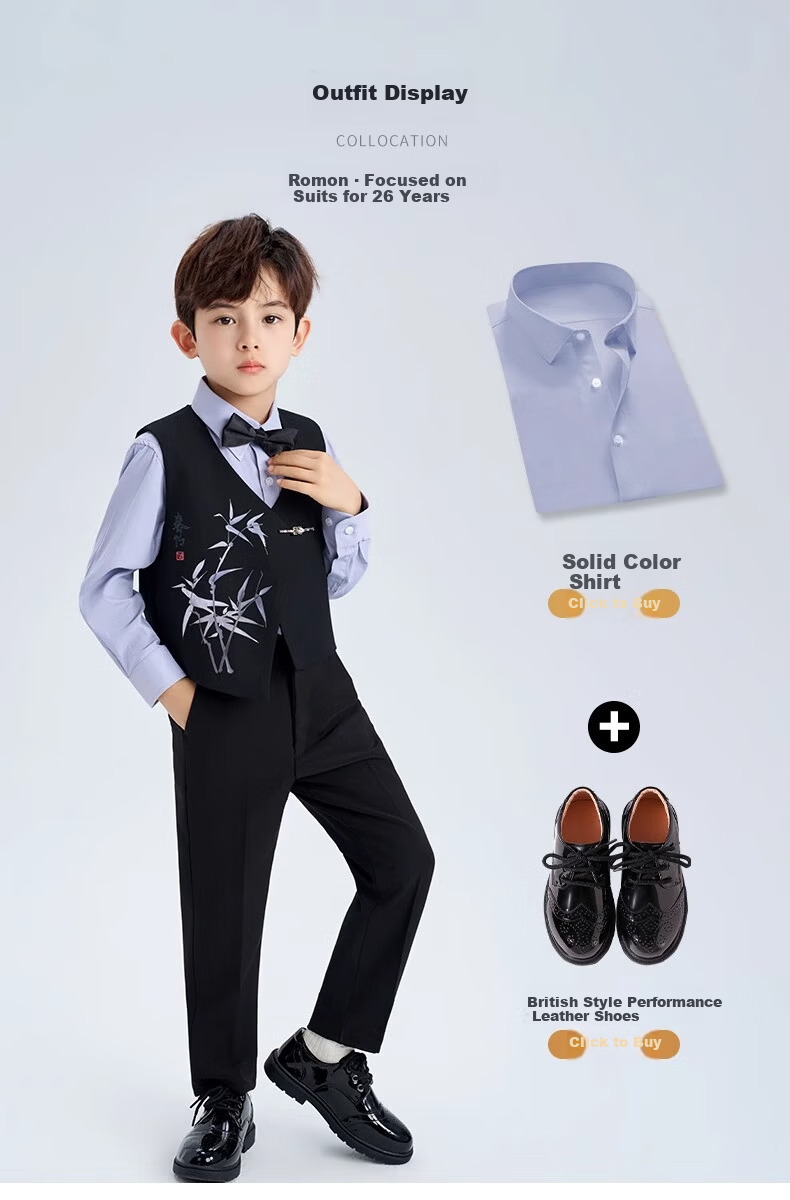 Romon Kids Suit Set Boys Formal New Chinese Style Host Performance Black 170 6