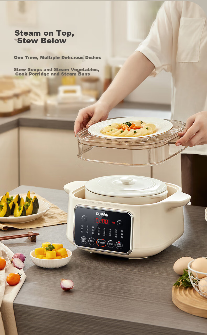 SUPOR Electric Stew Pot, Water Bath Stewing Cooker, Household Porridge and Soup Pot, Bird's Nest Stew Pot with White Ceramic Inner Pot, Steaming and Stewing DZ25FC859 2.5L Multifunctional Cooker 12