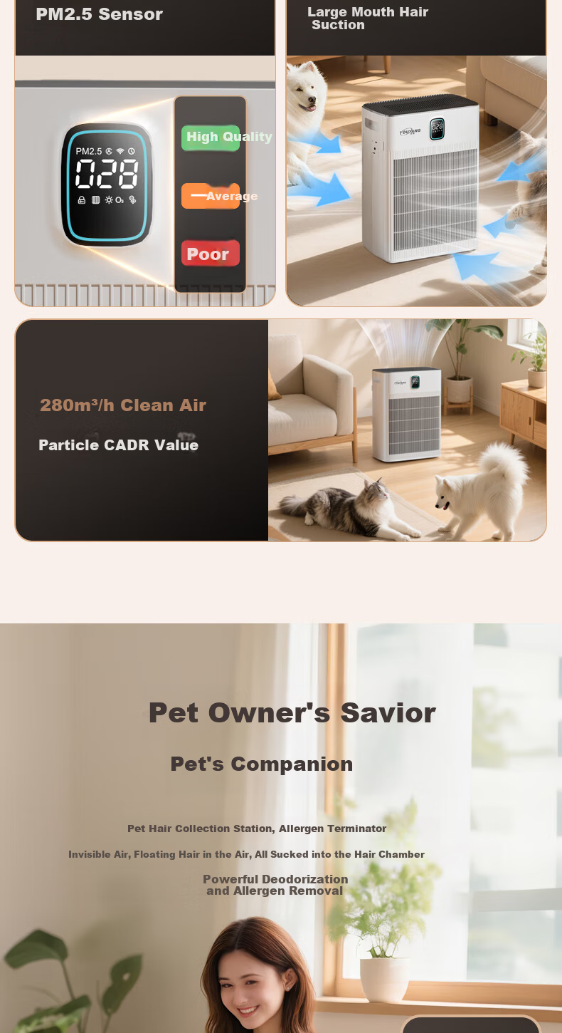 Youyang Pet Hair Vacuum Air Purifier Hair Remover for Cats and Dogs Floating Hair Removal Aromatherapy Deodorization Sterilization P290WH1 3
