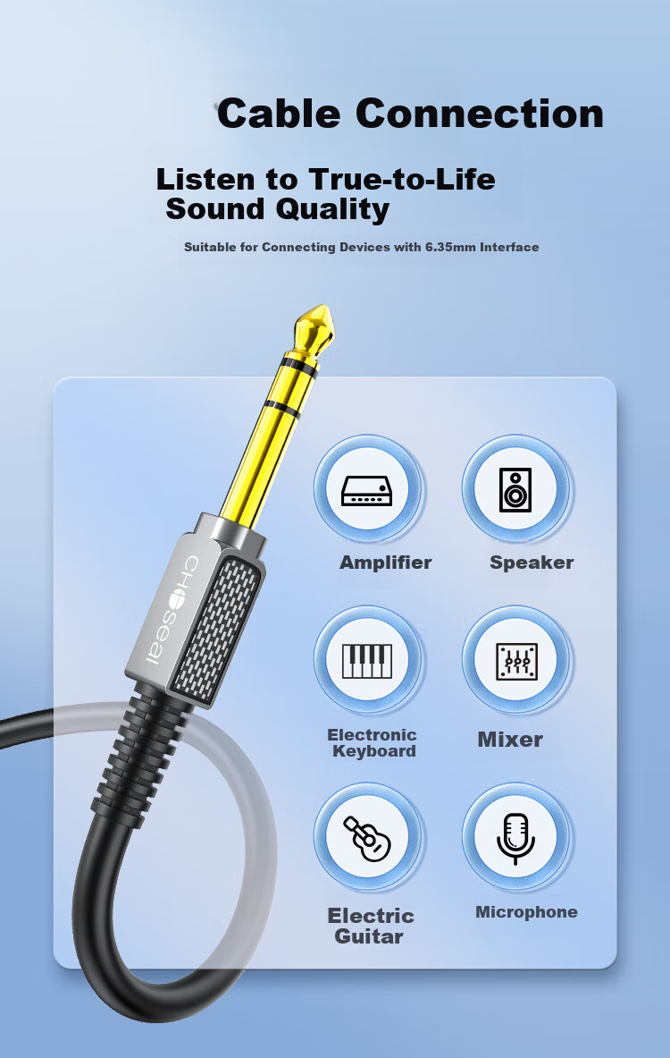 CHOSEAL 6.5mm Audio Cable 6.35mm 3-Core Male to Male Graphene Shielded Speaker Mixer Electric Guitar Amplifier Silver-Plated Copper Wire 1m QS3565T1 6