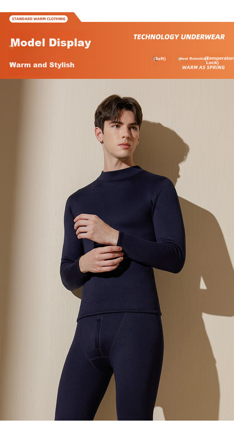 Langsha Men's Thermal Underwear Set Mid-Neck Autumn Winter Fleece Thickened Heating 10A Antibacterial Ultra-Soft Top and Bottom 3
