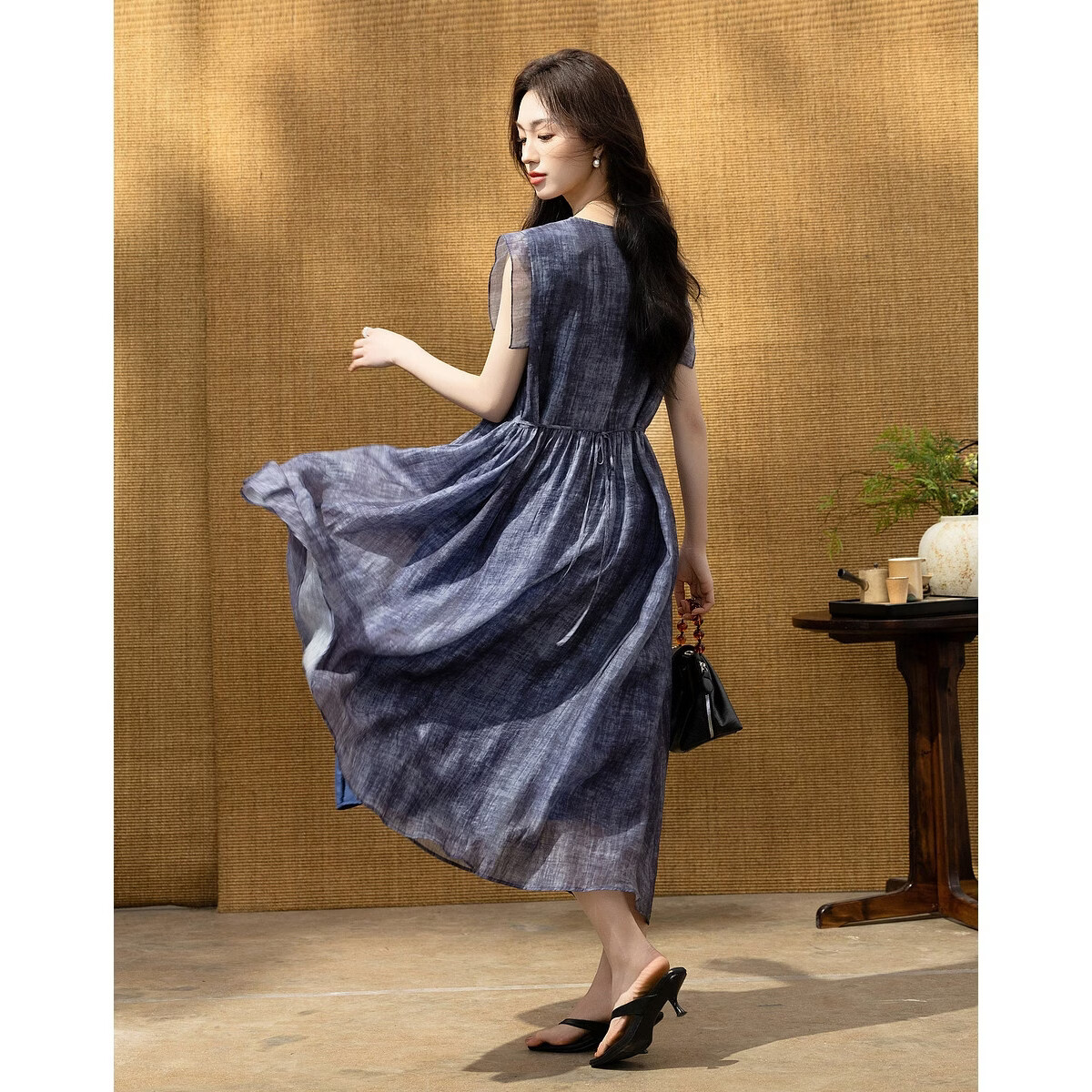 Demana [Breathable Tencel] Summer Ink-Style Print Round Neck Self-Tie Lightweight Dress for Women Premium Quality