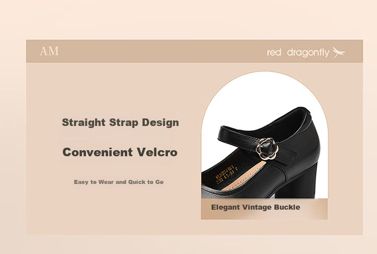 Red Dragonfly Mary Jane Women's Small Leather Shoes Shallow High Heels Casual Single Shoes Thick Sole Mom Shoes WLB354161 Black Size 36 3