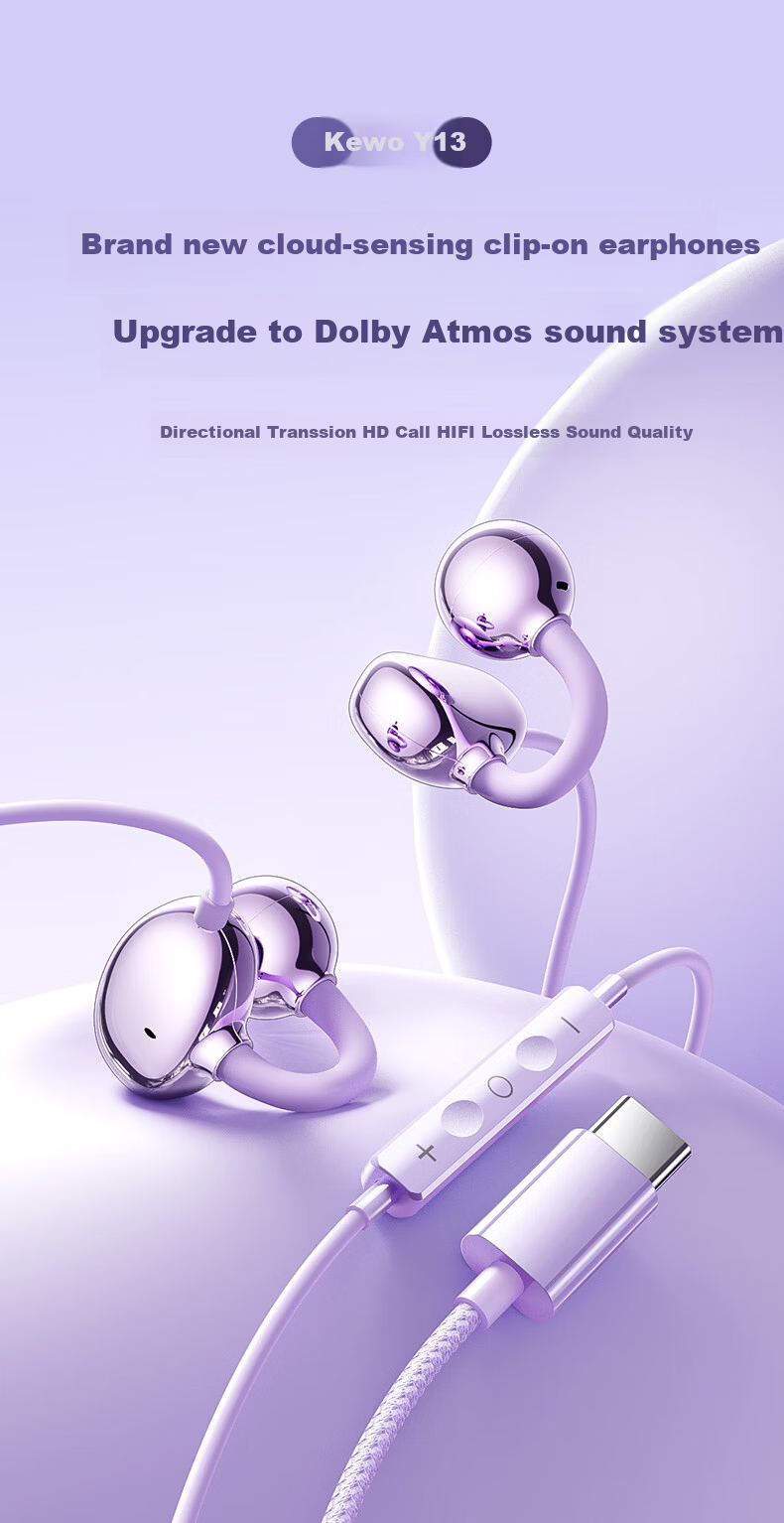 KOVOL Berlin Sound Wired Computer Earphones Clip-On Semi-In-Ear Type-C Sports Running Gaming Headset with Microphone Noise-Isolating 1