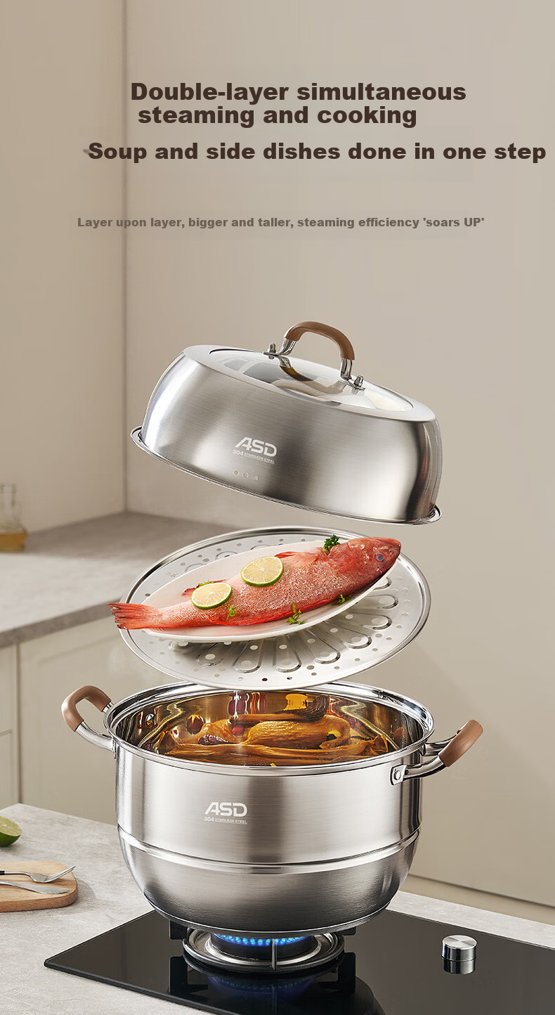 ASD Steamer Pot, Whole Pot 304 Stainless Steel Double-Layer Household Steaming And Cooking Pot, 28CM Multi-Layer Enlarged Non-Stick Steamer Q2 9