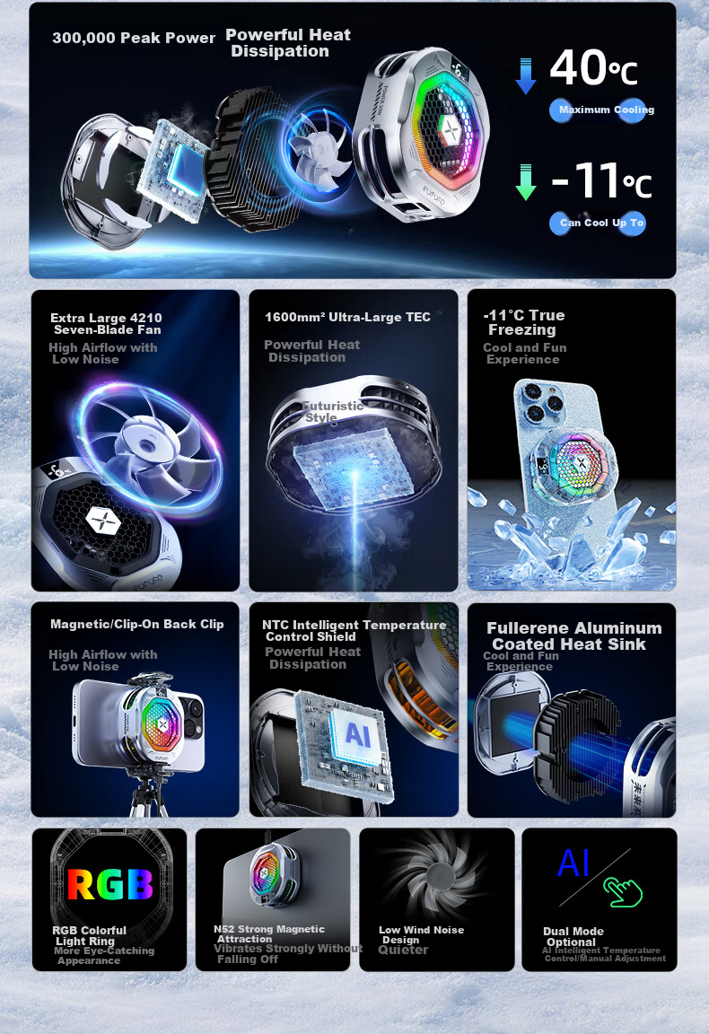 Future Series 30W Magnetic Phone Cooler FX6 RGB Lighting Gaming Live Streaming Semiconductor Cooling Clip Cooler Compatible with Tablets Apple 17 iPad Xiaomi Red Magic iQOO 2