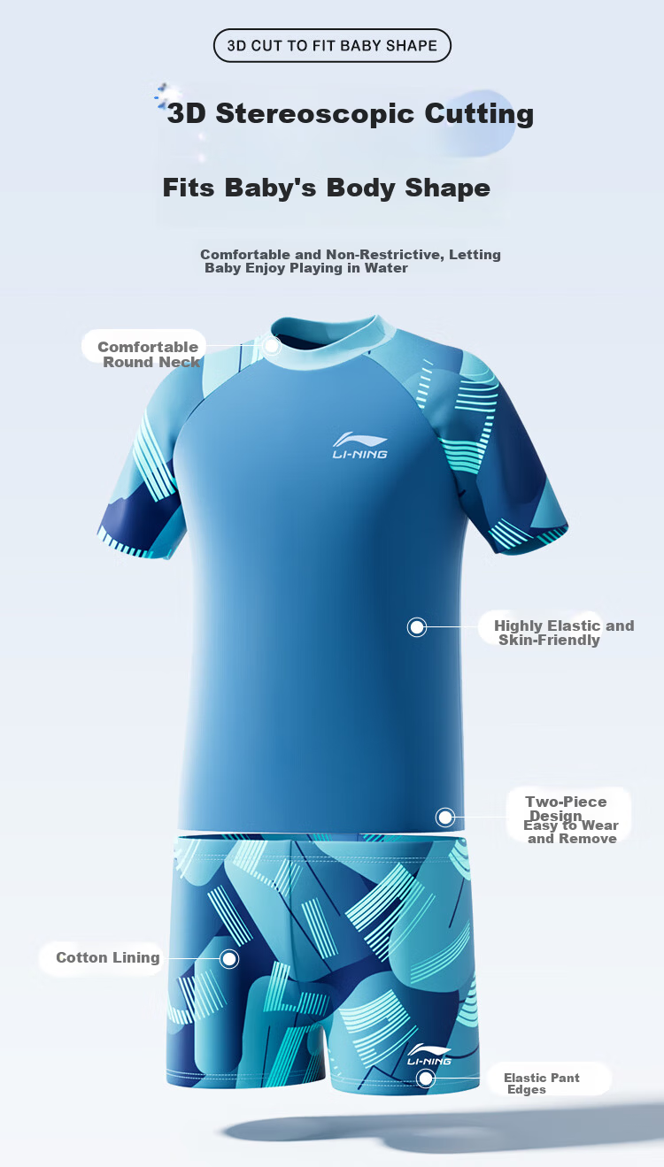 LI-NING Boys' Kids Swimwear Set Youth Two-Piece Swimsuit with Swim Cap Blue Size 150 (42-67) 2