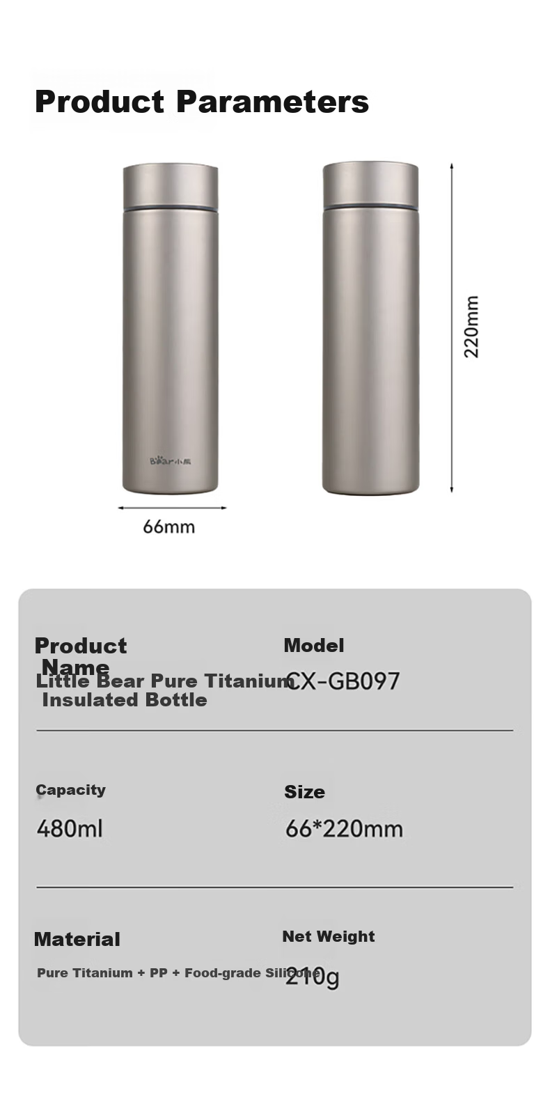 Bear Titanium Insulated Cup Pure Titanium Inner and Outer Thermal Flask Portable Outdoor Water Bottle for Men and Women Gift 200ml 10