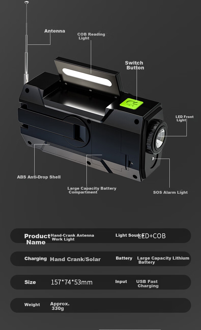 SHENYU Hand Crank Generator Radio Flashlight Emergency Outdoor Solar Multifunctional Charging Equipment Lighting Lamp 15