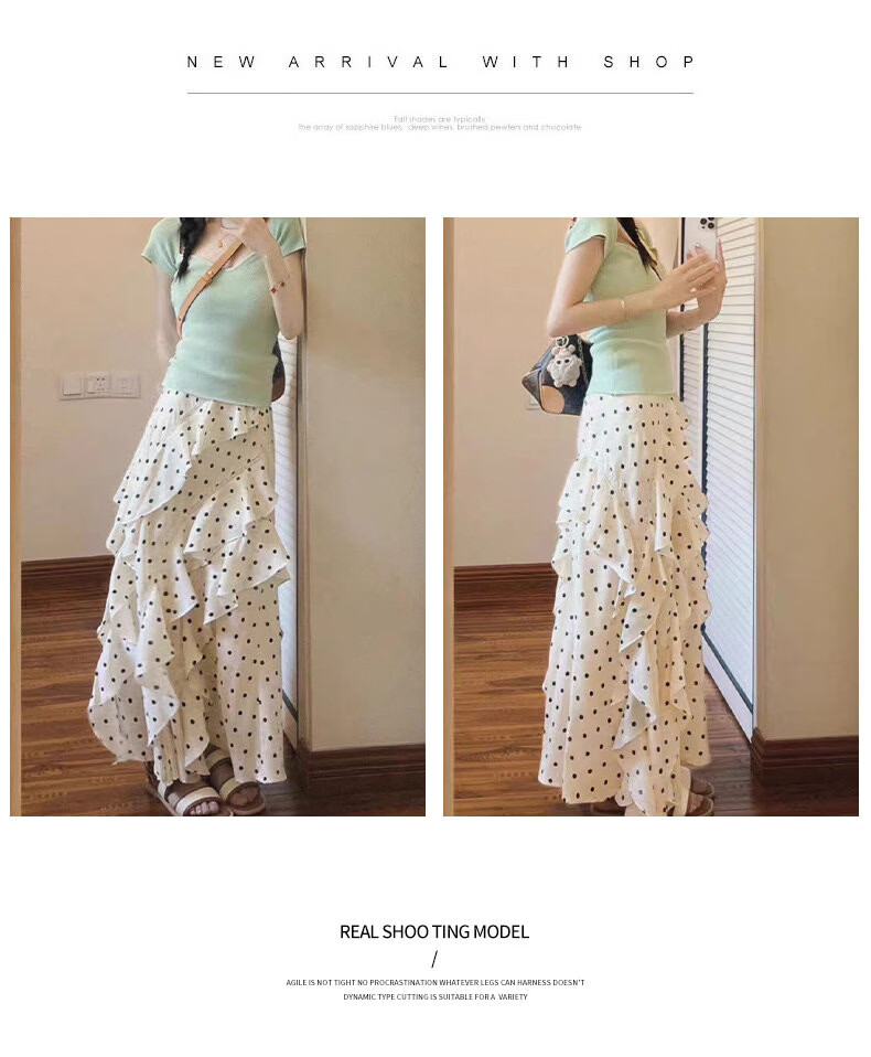 Langsha Polka Dot Women's Skirt 2026 New Ruffle Hem High Waist Slim A-Line White Irregular Skirt 16