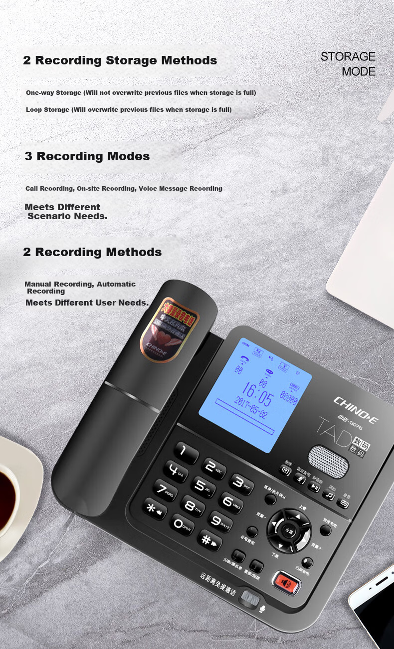 CHINO-E Recording Telephone Loop Recording 4400 Hours Phonebook One-Key Dialing Fixed Desk Phone Office Home Password Protection Computer Management G076A Black 64G Version 4