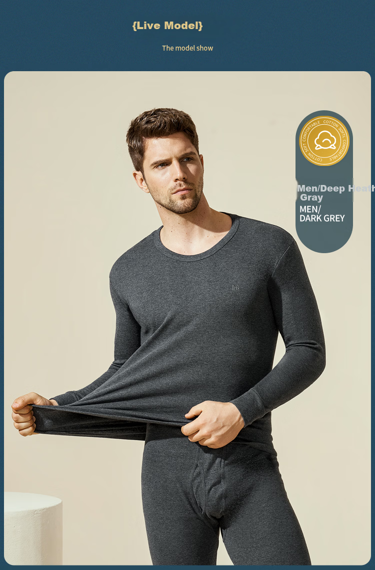 Hengyuanxiang [A-Class Cotton] Antibacterial Men's Thermal Underwear Set Pure Cotton Warm Crew Neck Base Layer Autumn Clothes 10