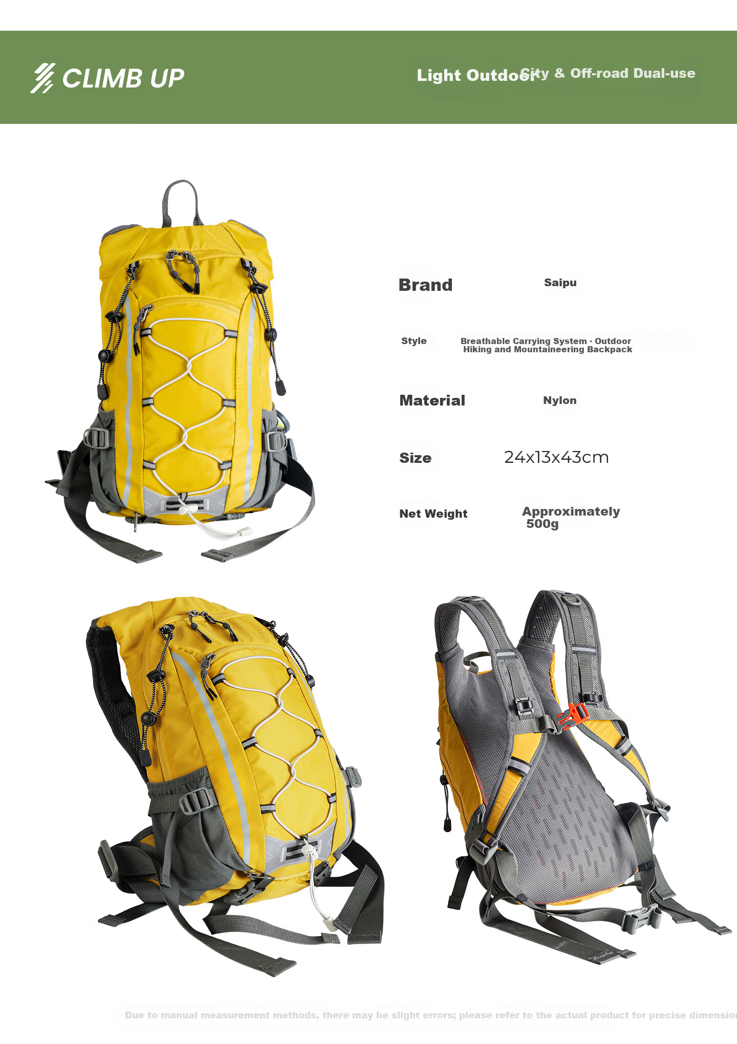 Saipu Outdoor Hiking Backpack, Lightweight Daypack, Large Capacity Breathable Backpack for Men And Women, Small Size in Fluorescent Gree 38